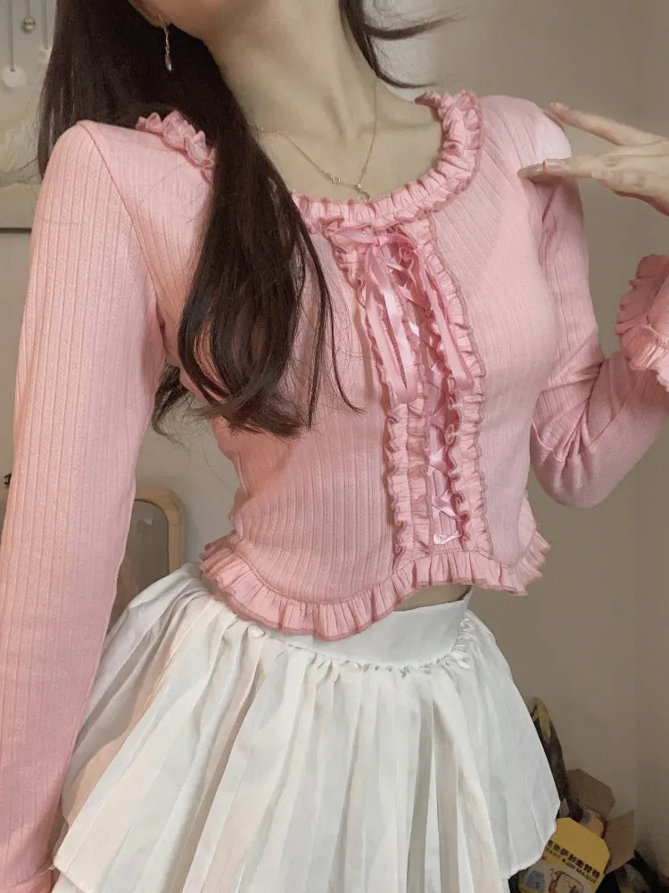 Rosy Ruffle Lace-Up Top