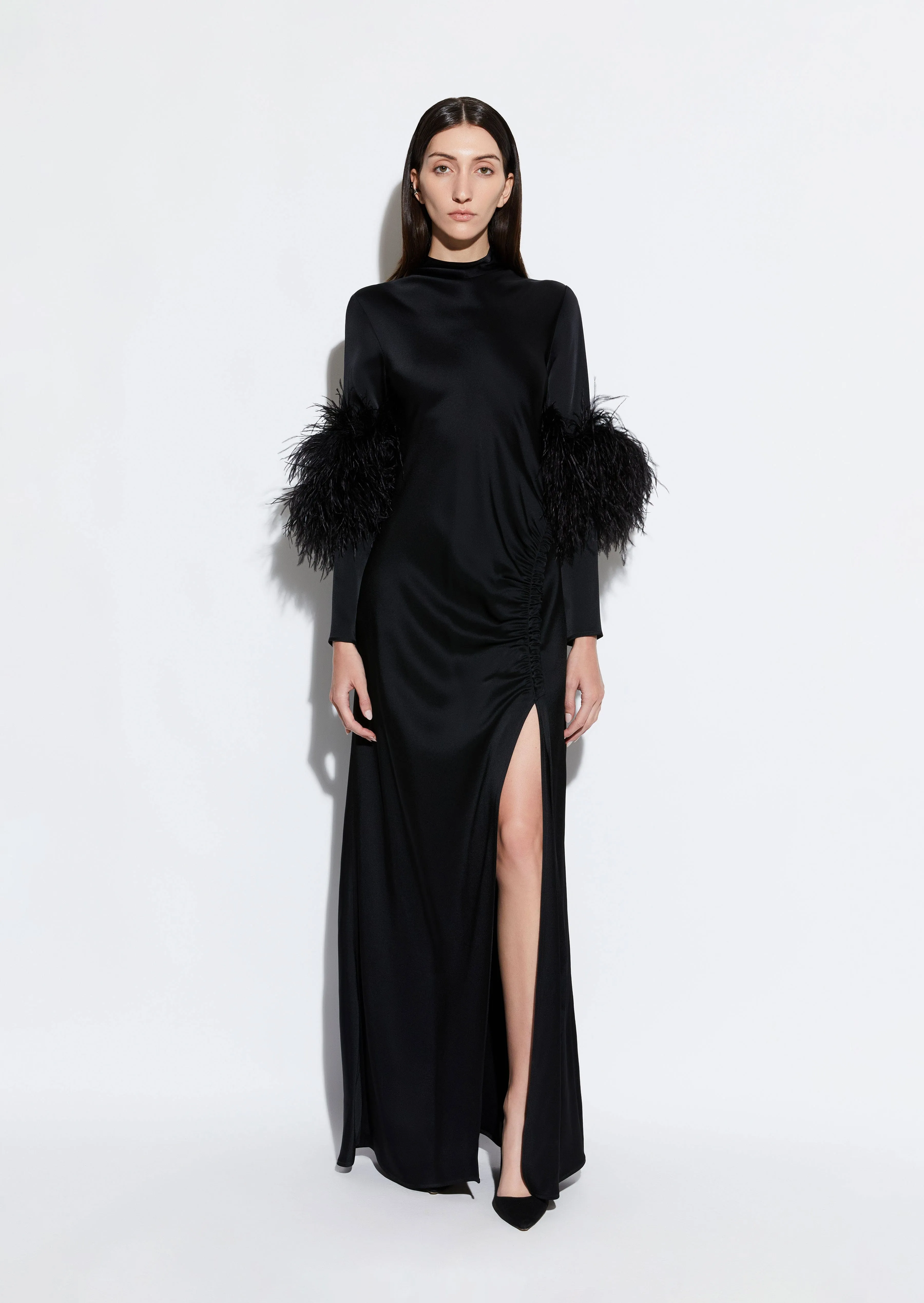 Satin Tab Gown With Feathers