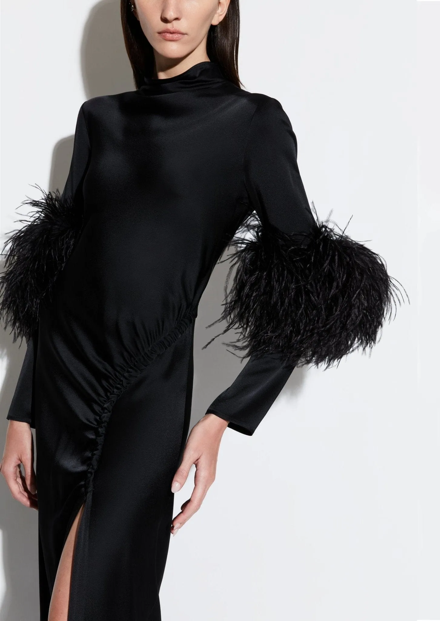 Satin Tab Gown With Feathers
