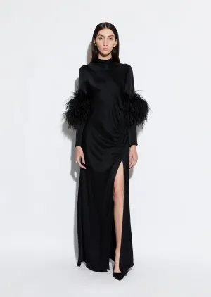 Satin Tab Gown With Feathers