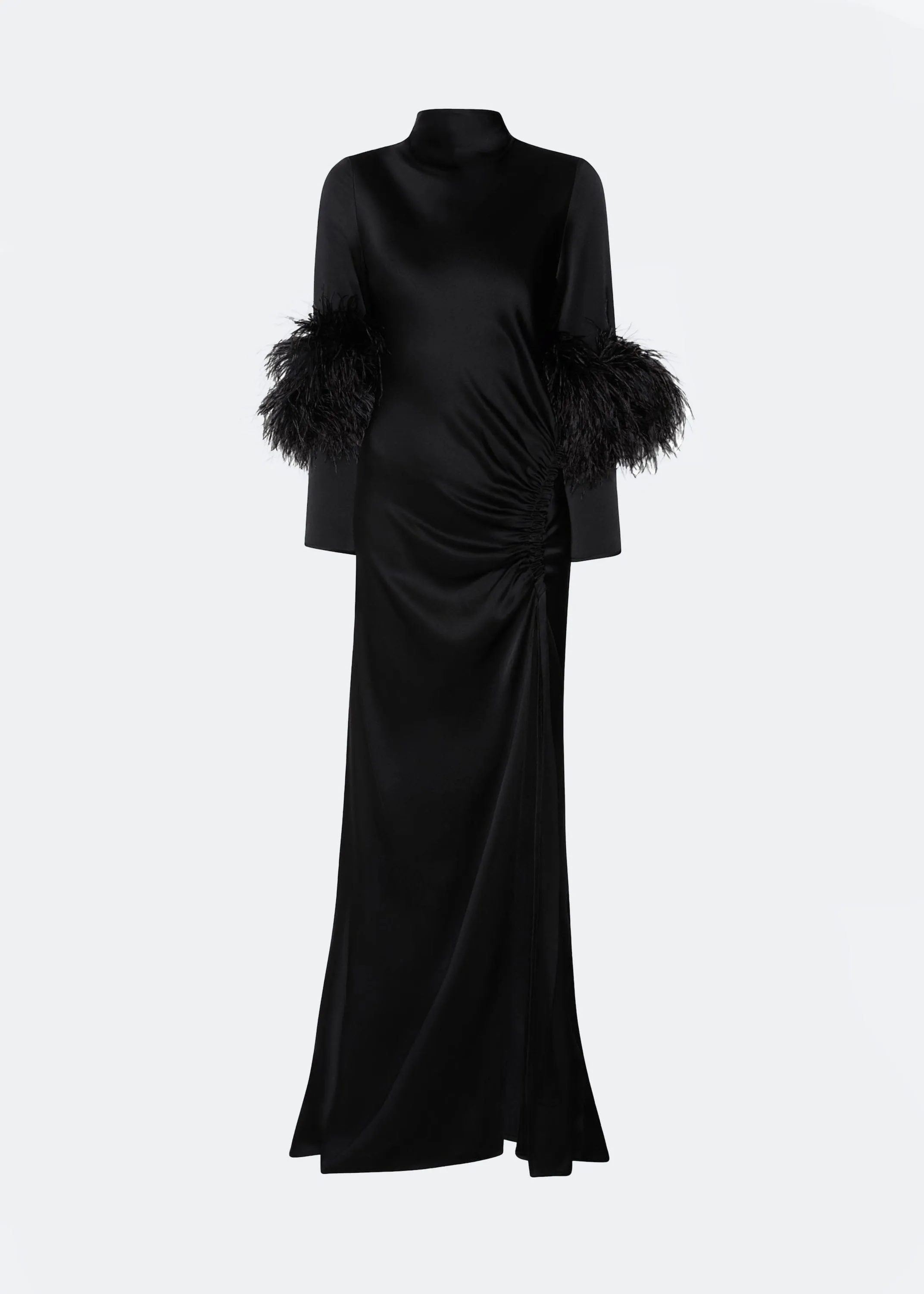 Satin Tab Gown With Feathers