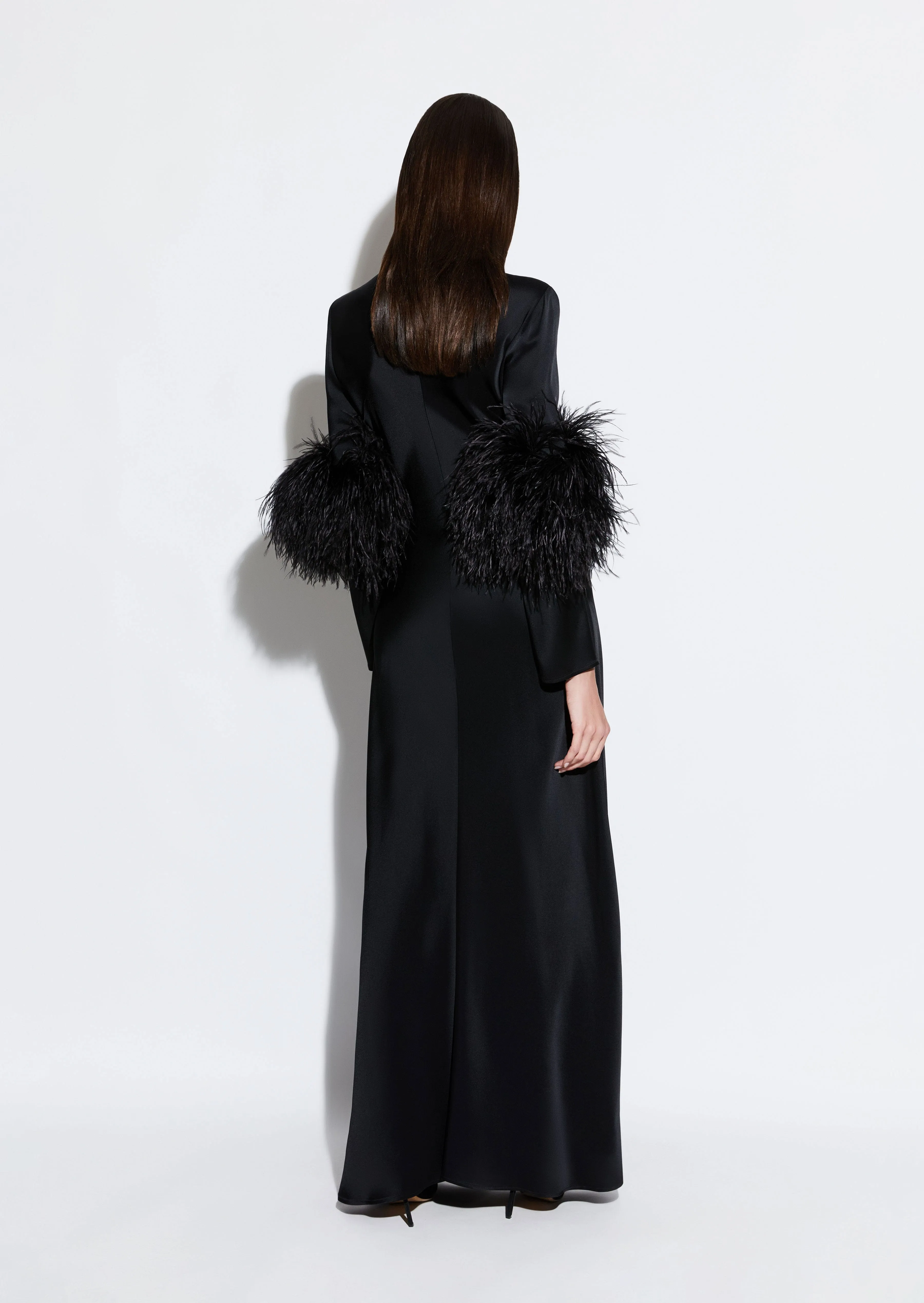Satin Tab Gown With Feathers