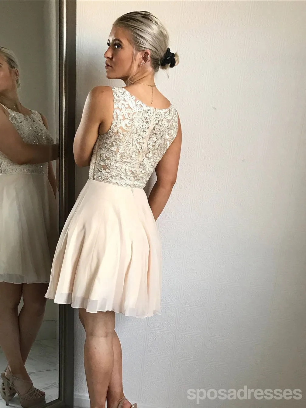 Scoop Lace Beaded Chiffon Cheap Homecoming Dresses Online, CM721