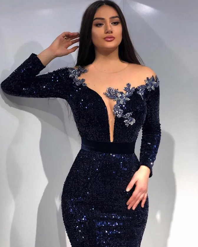 Sexy Black Sequin Off Shoulder Long Sleeves V-Neck Mermaid Long Prom Dresses ,PDS0372
