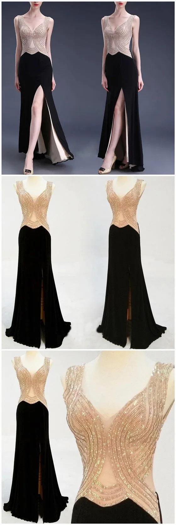 Sexy Black Side Slit Beading Formal Prom Dresses, Long Graduation Prom Dress, TYP0046
