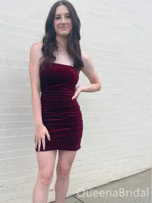 Sexy Burgundy Mermaid Simple Open Back Short Homecoming Dresses Tight ,QB0633