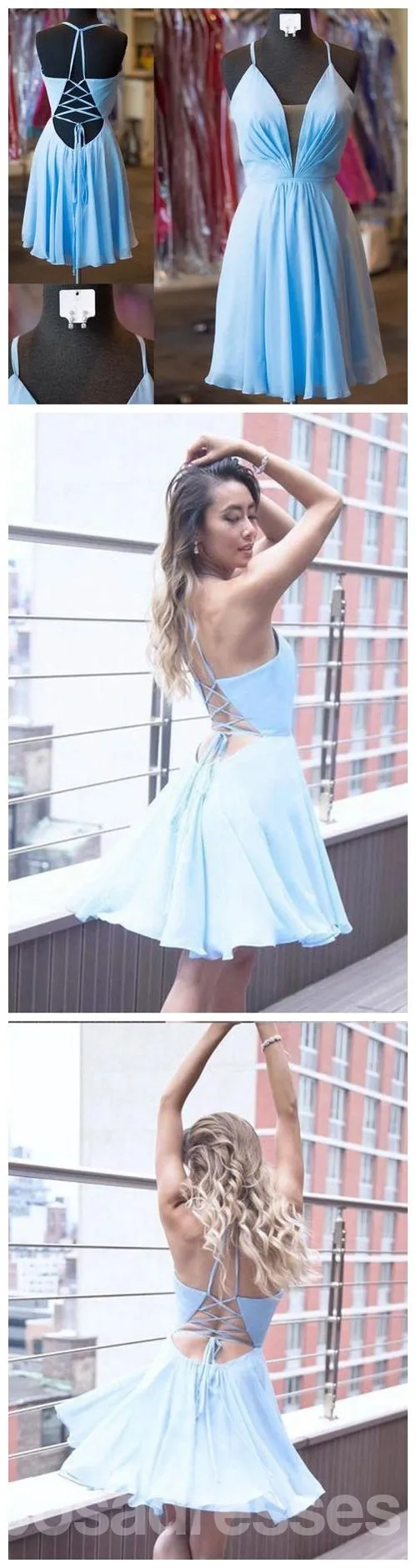 Sexy Casual Chiffon Blue Spaghetti Straps Short Cheap Homecoming Dresses Online, CM566