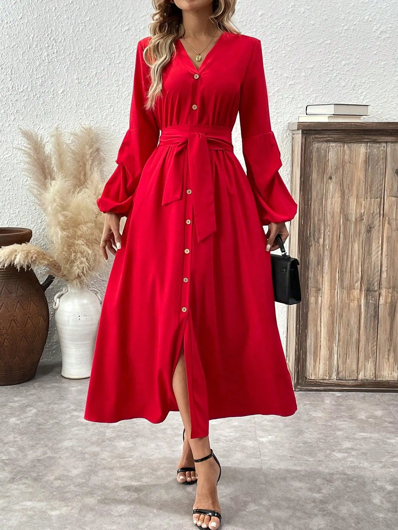 Sexy Deep V Neck Puff Sleeve Dress