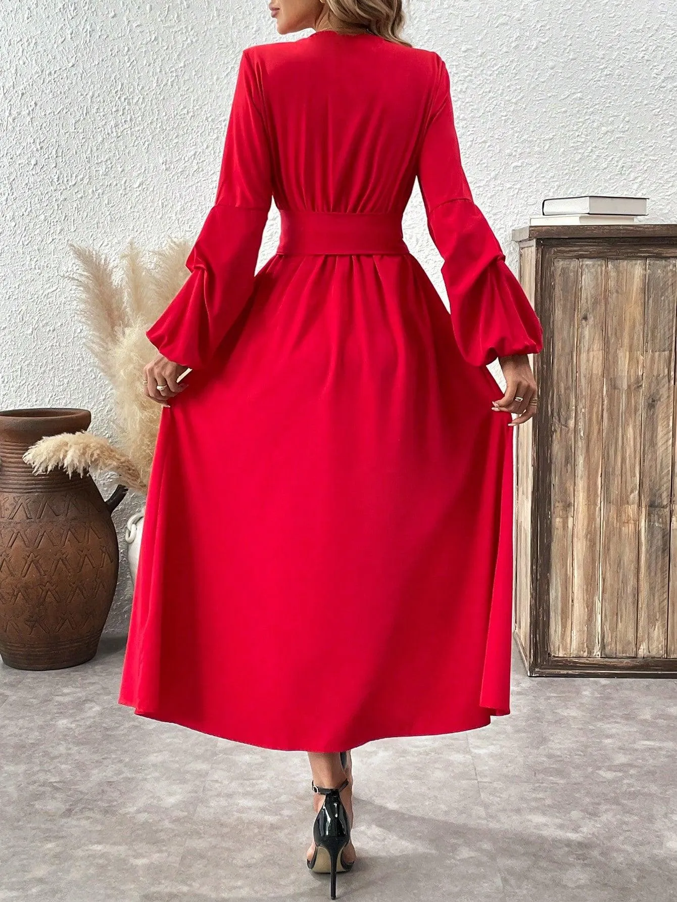 Sexy Deep V Neck Puff Sleeve Dress