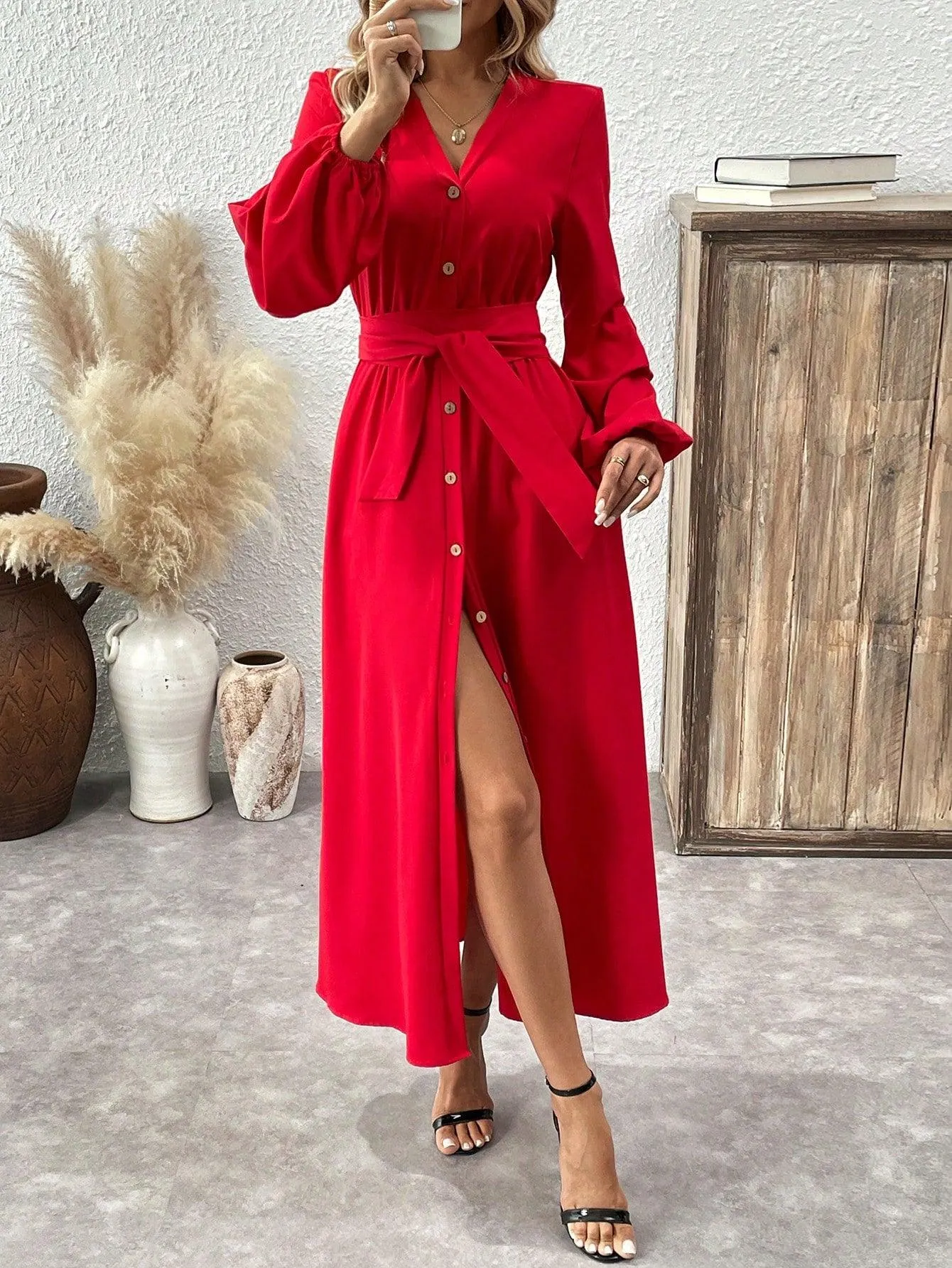 Sexy Deep V Neck Puff Sleeve Dress