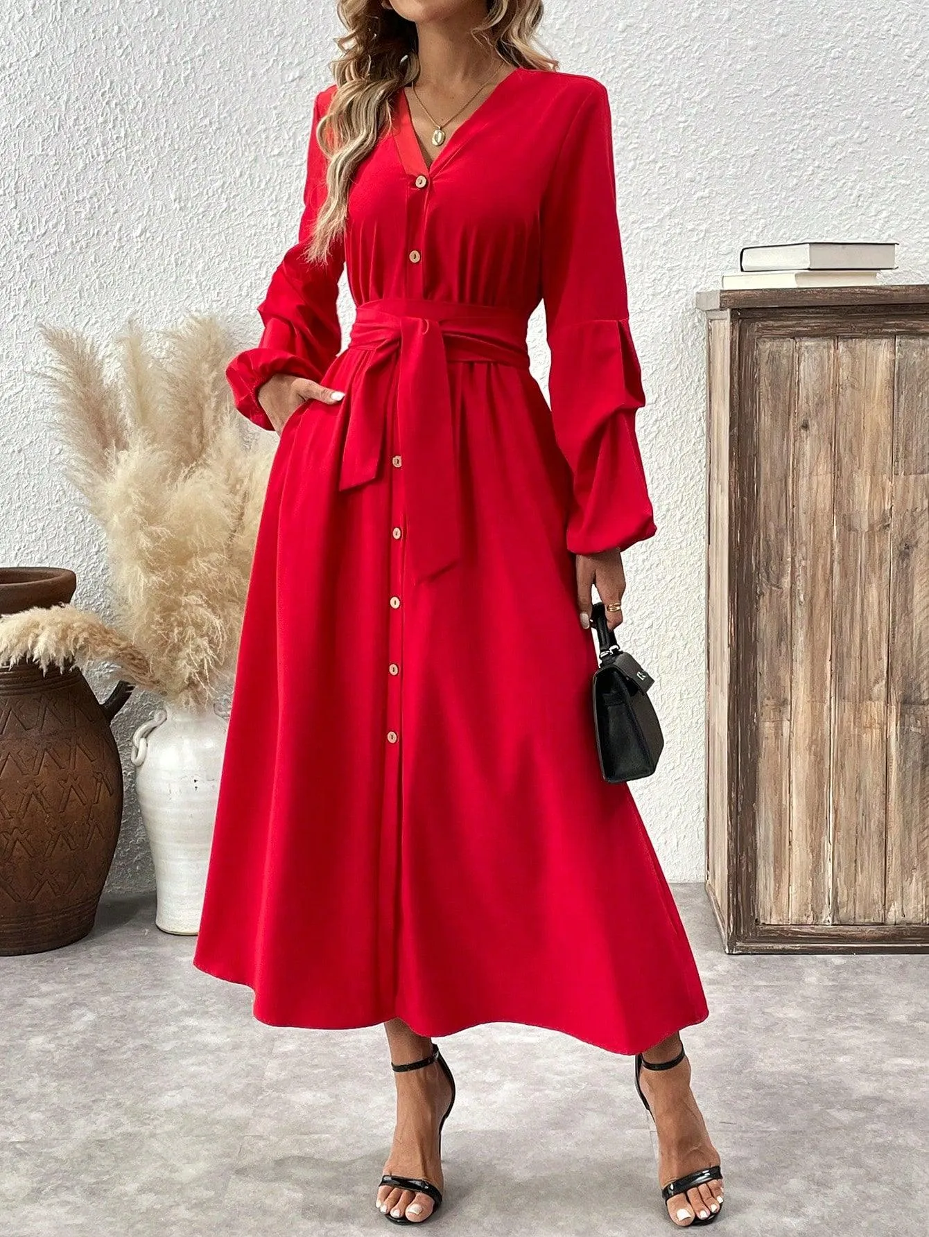 Sexy Deep V Neck Puff Sleeve Dress