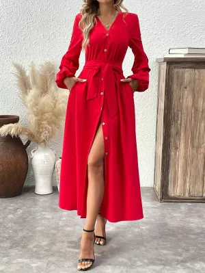 Sexy Deep V Neck Puff Sleeve Dress