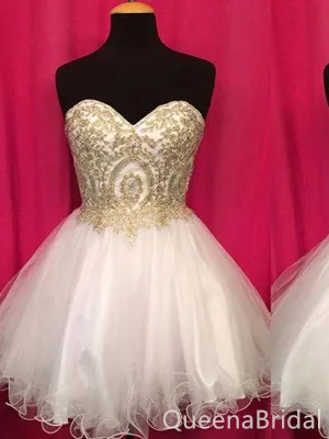 Sexy Gold Strapless Sweetheart A-line Graduation Party Short Homecoming Dress Formal Evening Party Dress , QB0853