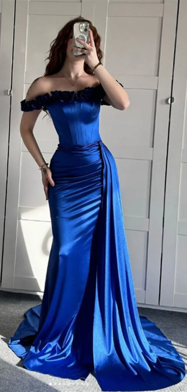 Sexy Off-shoulder Sleeveless Mermaid Satin Evening Prom Dresses Online, OLP816