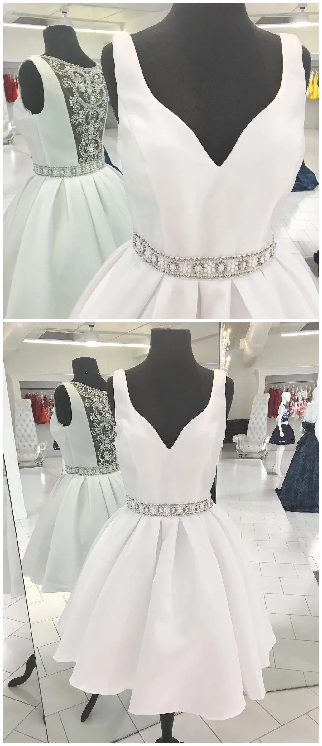 Sexy See Through V Neck Short Rhinestone White Homecoming Dresses, CM486