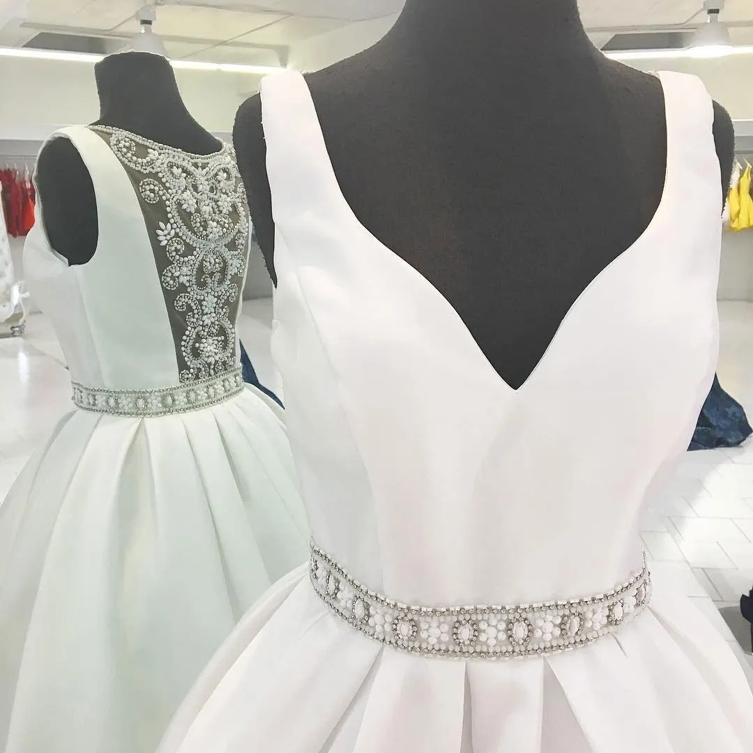 Sexy See Through V Neck Short Rhinestone White Homecoming Dresses, CM486