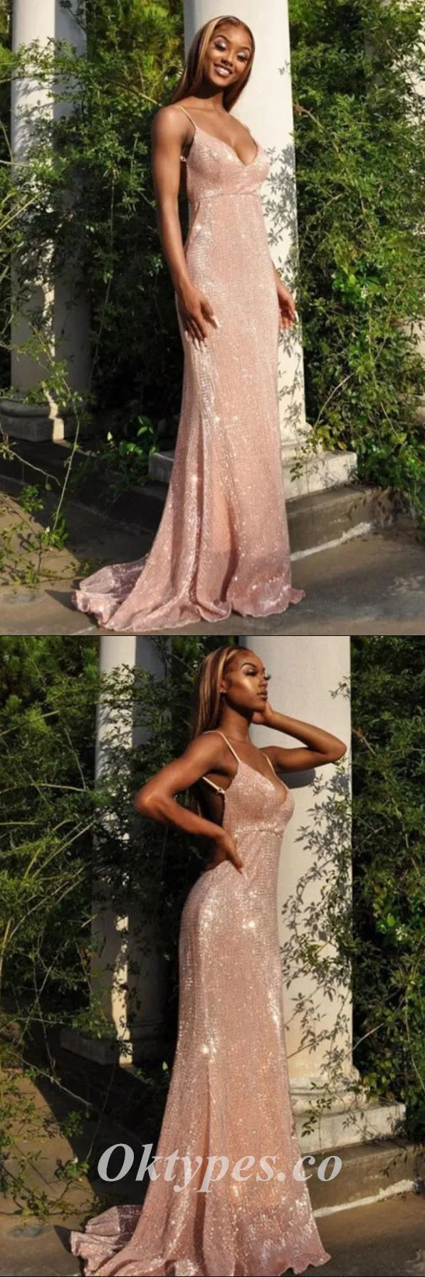 Sexy Sequin Tulle Spaghetti Straps V-Neck Sleeveless Mermaid Long Prom Dresses,PDS0612