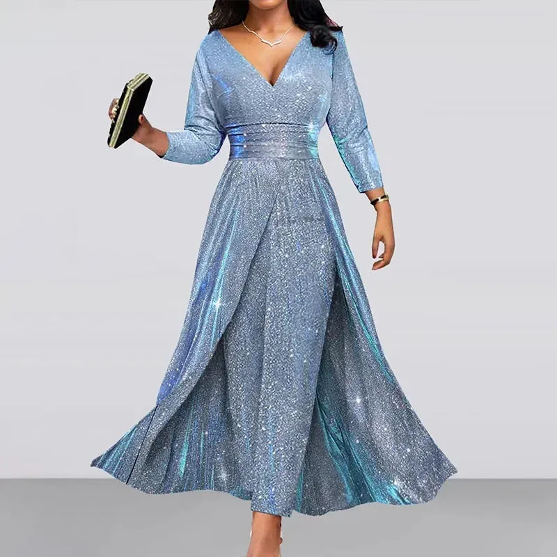 Sexy Sequins Shiny Long Sleeve V Neck High Waist Corset