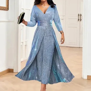 Sexy Sequins Shiny Long Sleeve V Neck High Waist Corset