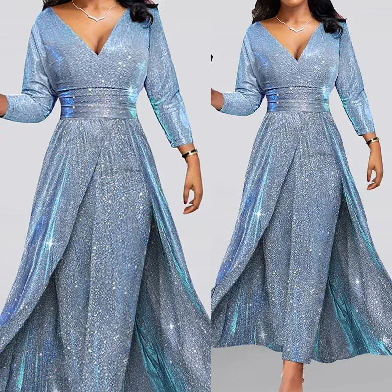 Sexy Sequins Shiny Long Sleeve V Neck High Waist Corset