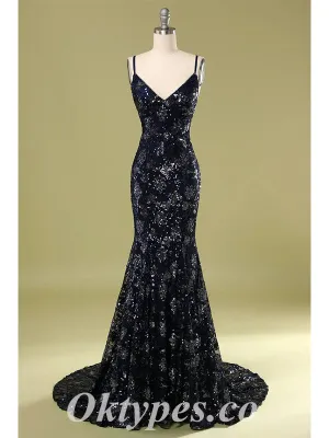 Sexy Special Fabric Spaghetti Straps V-Neck Criss-Cross Lace Up Back Mermaid Long Prom Dresses,PDS0535