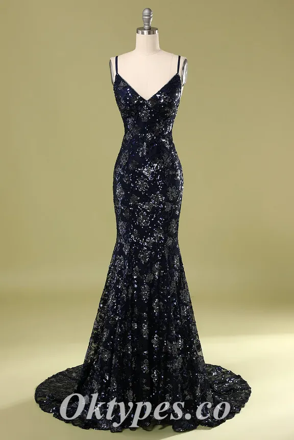 Sexy Special Fabric Spaghetti Straps V-Neck Criss-Cross Lace Up Back Mermaid Long Prom Dresses,PDS0535
