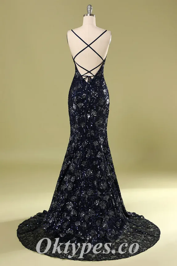 Sexy Special Fabric Spaghetti Straps V-Neck Criss-Cross Lace Up Back Mermaid Long Prom Dresses,PDS0535