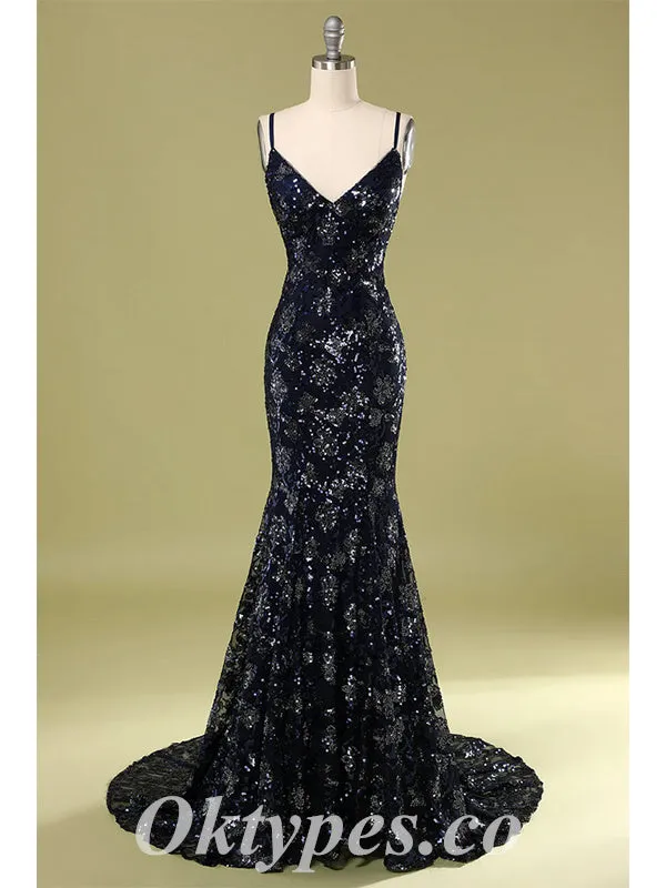 Sexy Special Fabric Spaghetti Straps V-Neck Criss-Cross Lace Up Back Mermaid Long Prom Dresses,PDS0535