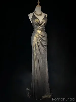 Sexy V-neck Sleeveless Mermaid Satin Long Prom Dresses With Slit For Party Online, OL401