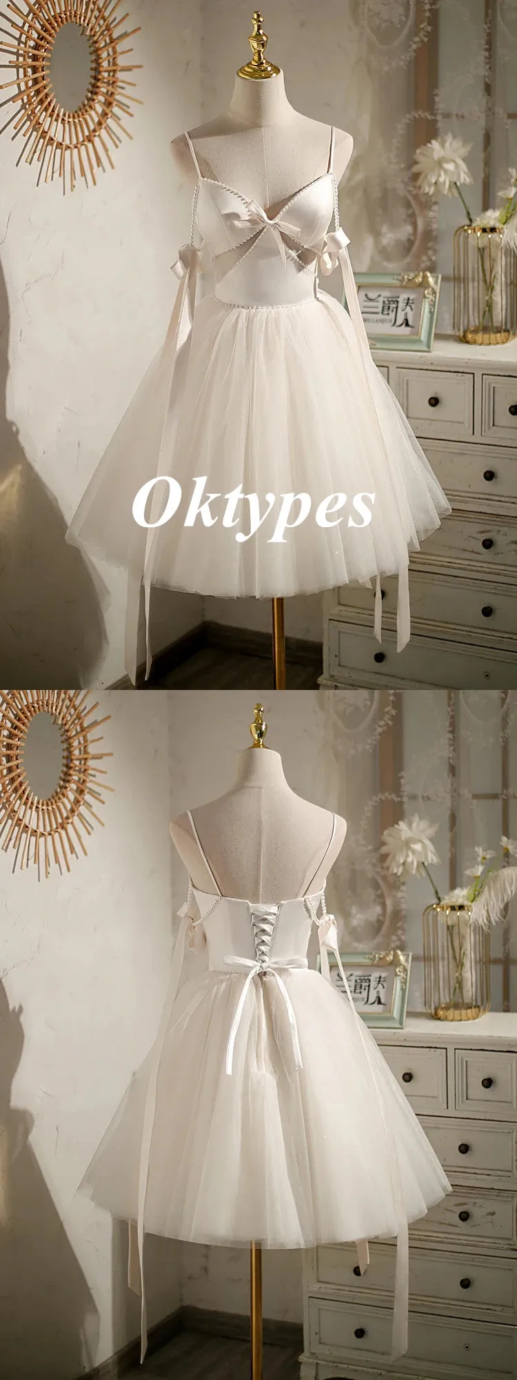 Sexy White Satin Spaghetti Straps V-Neck A-Line Mini Dresses/ Homecoming Dresses With Beading, PDS0534