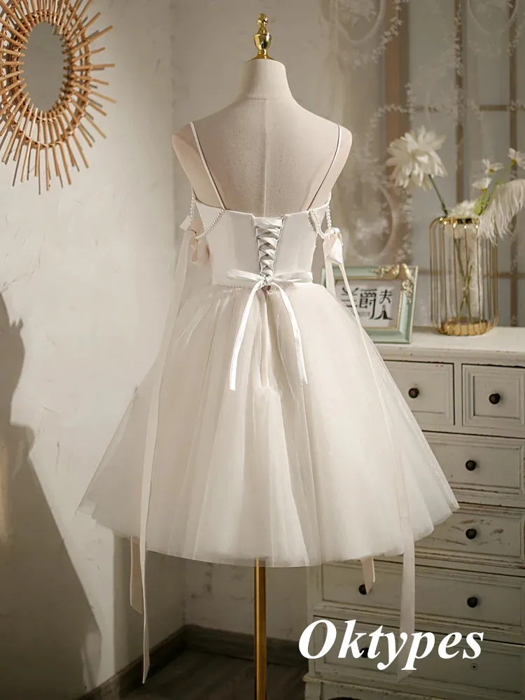 Sexy White Satin Spaghetti Straps V-Neck A-Line Mini Dresses/ Homecoming Dresses With Beading, PDS0534