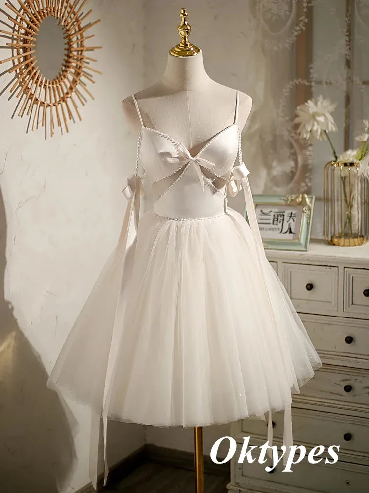 Sexy White Satin Spaghetti Straps V-Neck A-Line Mini Dresses/ Homecoming Dresses With Beading, PDS0534