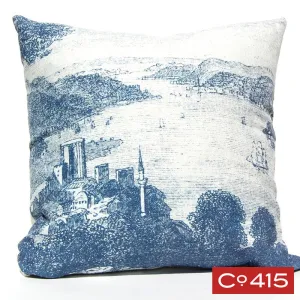 Ships in Harbor Engraving Pillow - Navy