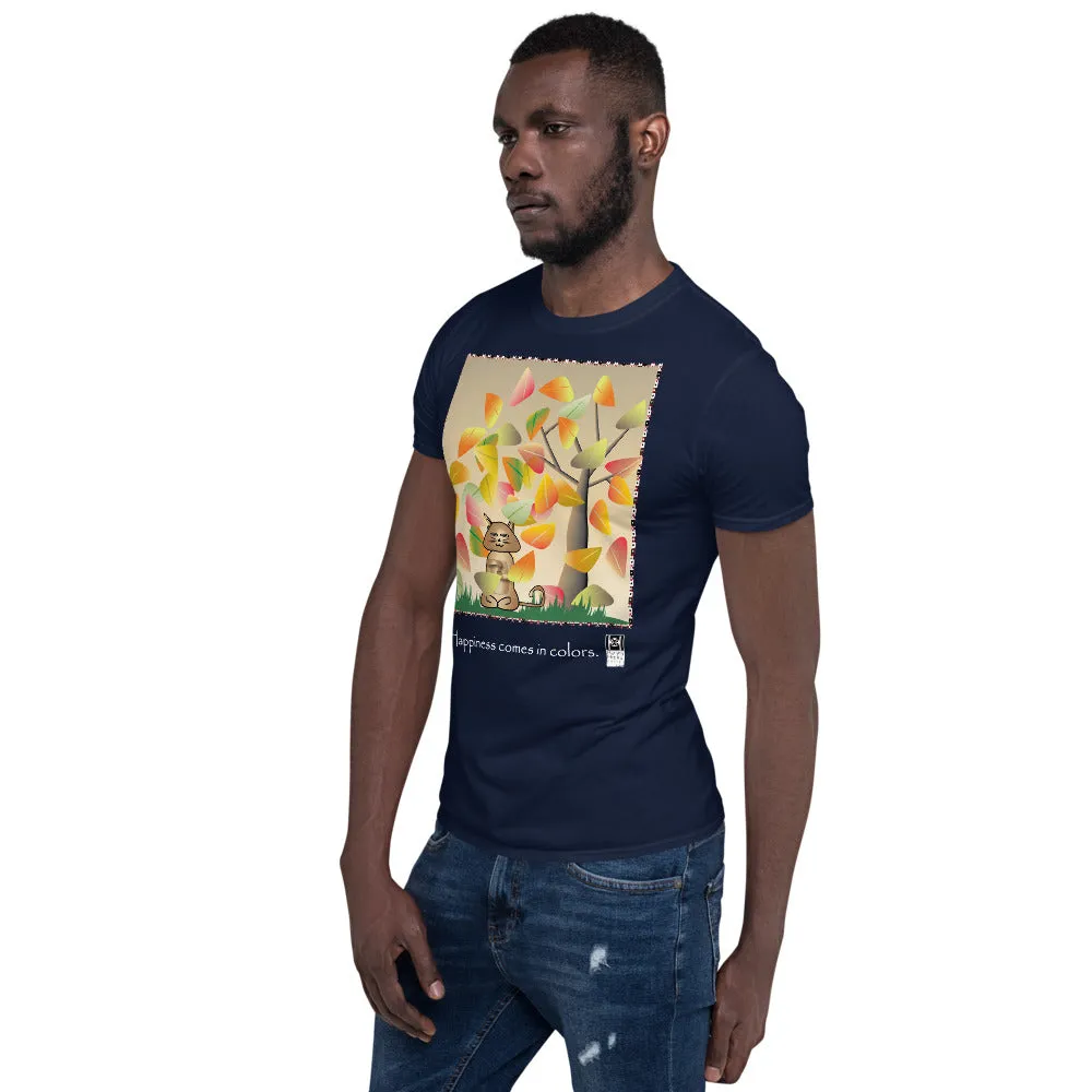 Short sleeve tee featuring a cat illustration with the message "Happiness comes in colors," navy