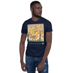 Short sleeve tee featuring a cat illustration with the message "Happiness comes in colors," navy