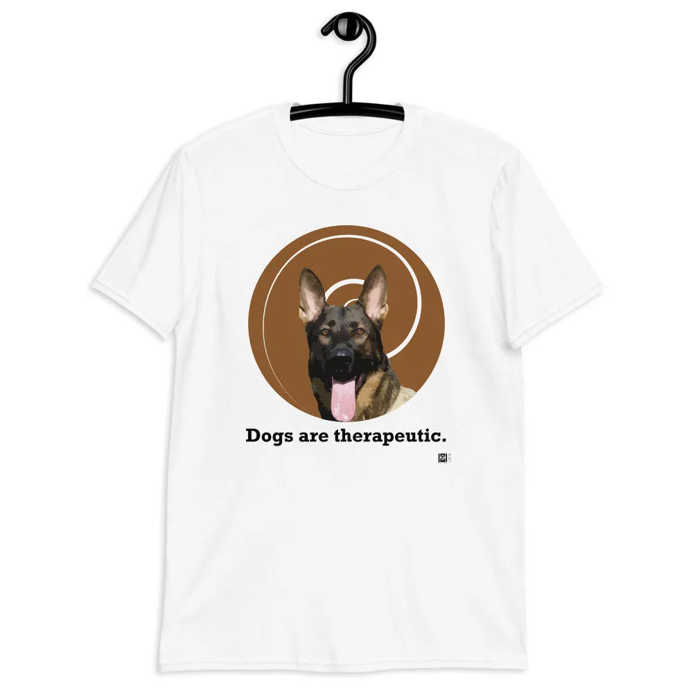 Short sleeve tee in white featuring the illustration of a German Shepherd with the message that "dogs are therapeutic."