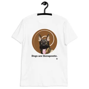 Short sleeve tee in white featuring the illustration of a German Shepherd with the message that "dogs are therapeutic."