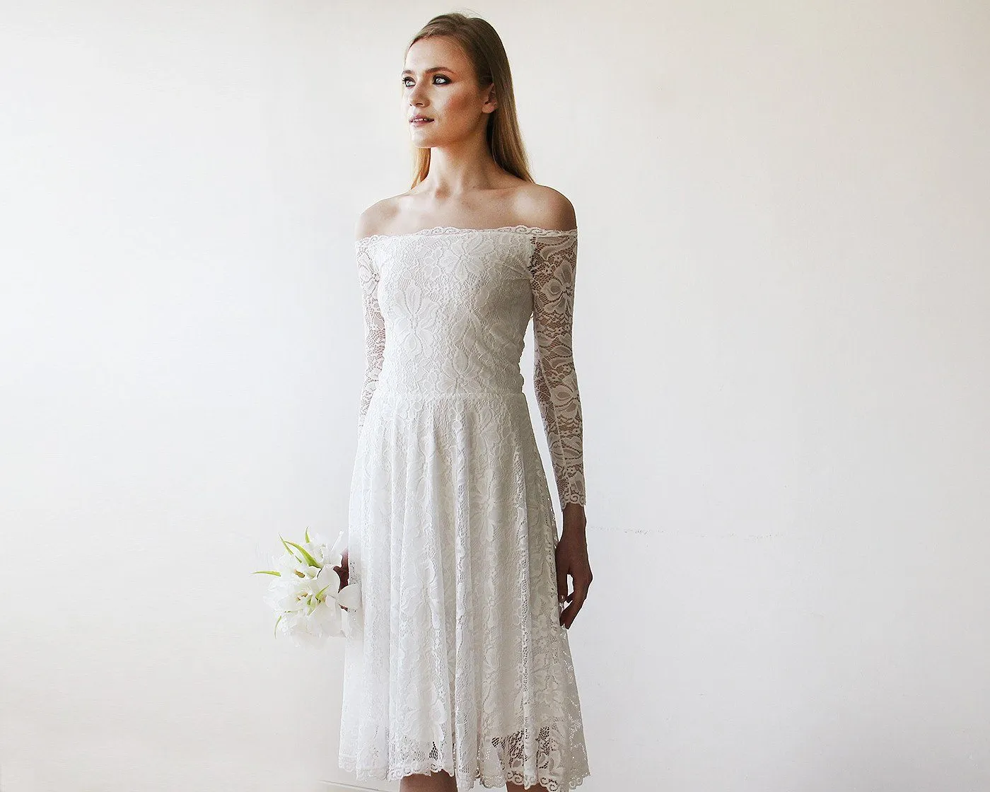 Short wedding dress ,Ivory Off-The-Shoulder Midi Dress #1149