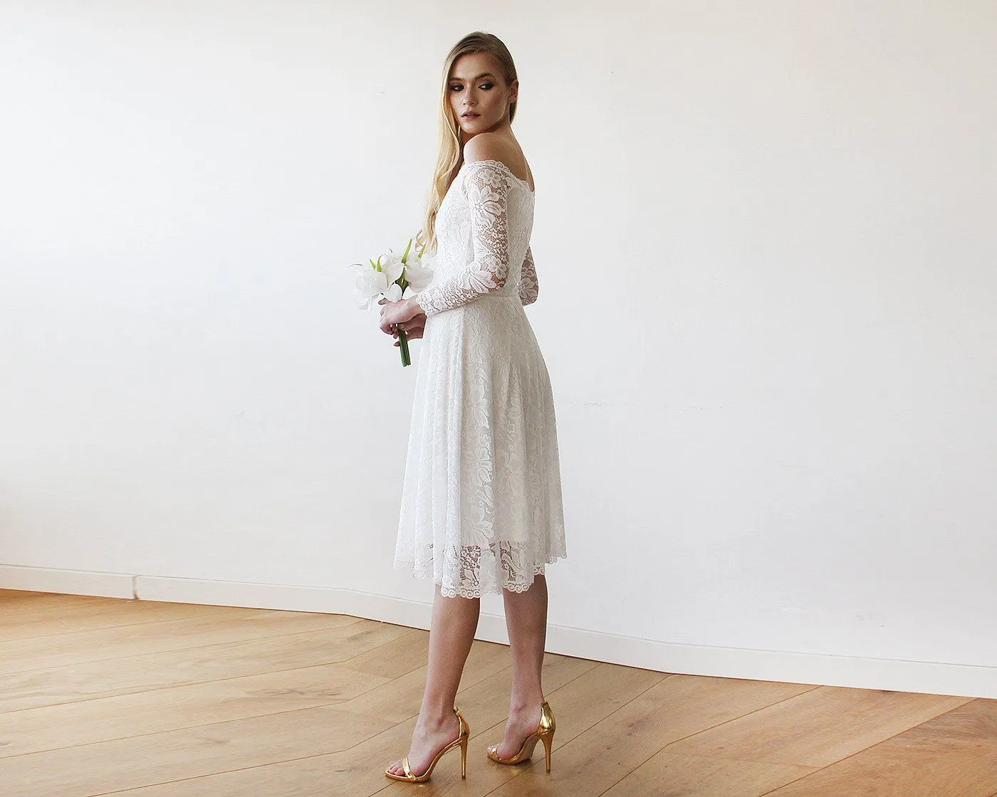 Short wedding dress ,Ivory Off-The-Shoulder Midi Dress #1149