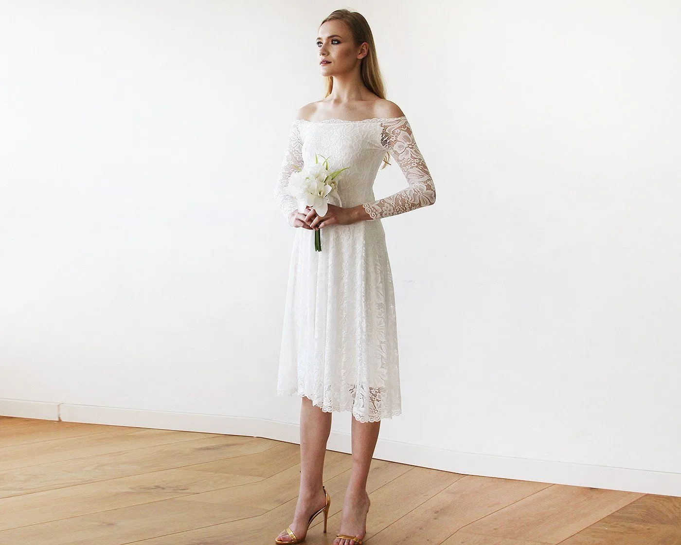Short wedding dress ,Ivory Off-The-Shoulder Midi Dress #1149