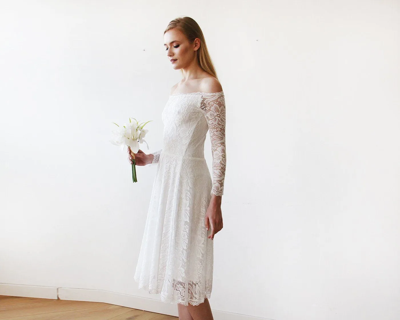 Short wedding dress ,Ivory Off-The-Shoulder Midi Dress #1149