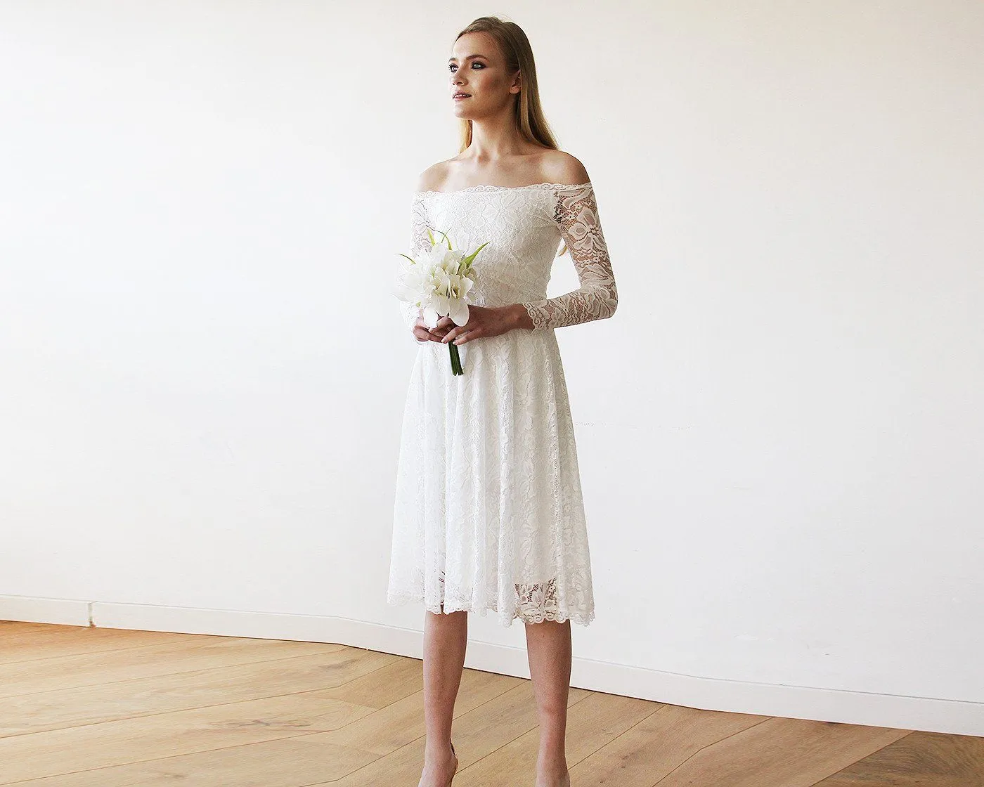Short wedding dress ,Ivory Off-The-Shoulder Midi Dress #1149