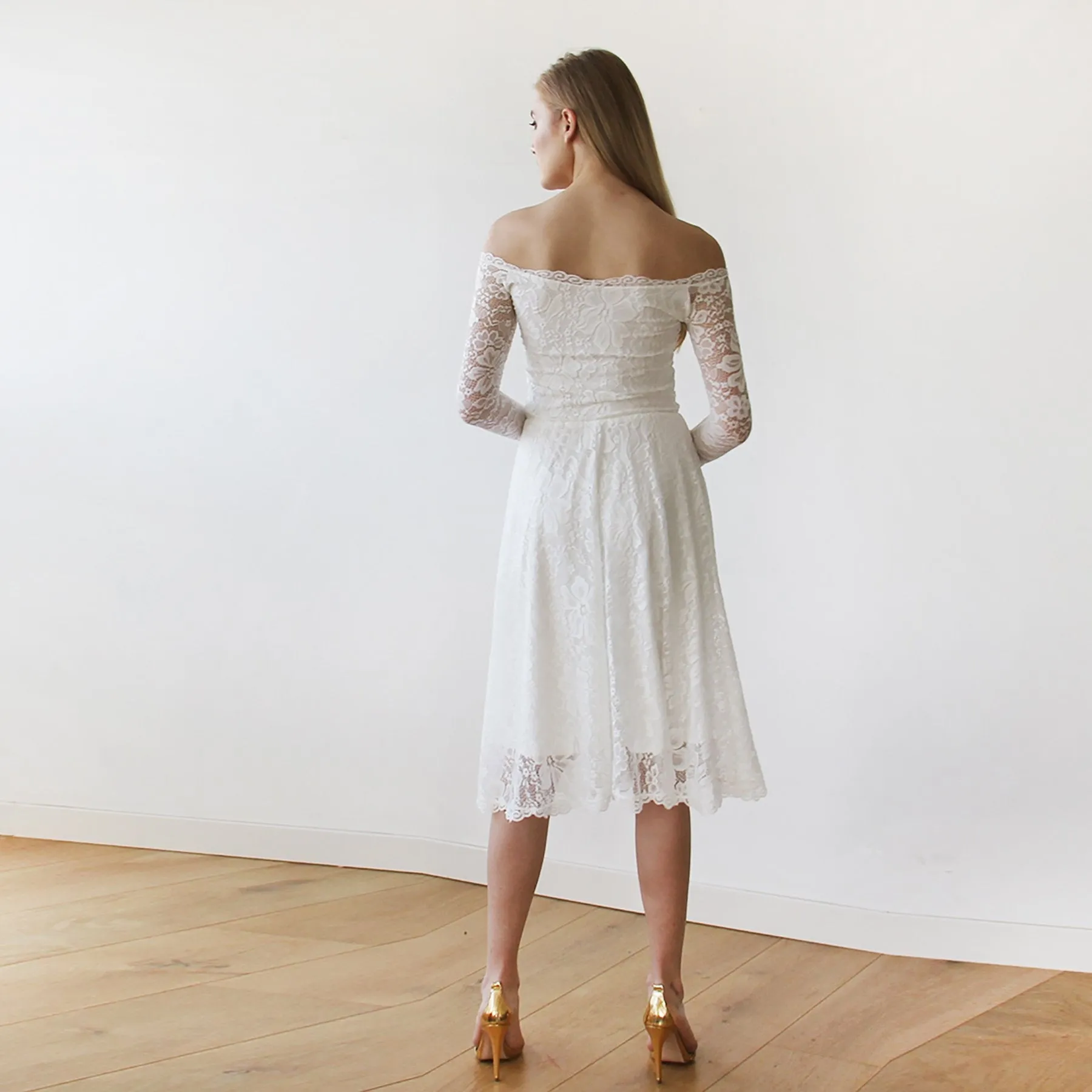 Short wedding dress ,Ivory Off-The-Shoulder Midi Dress #1149