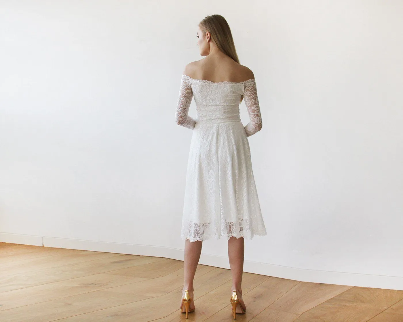 Short wedding dress ,Ivory Off-The-Shoulder Midi Dress #1149