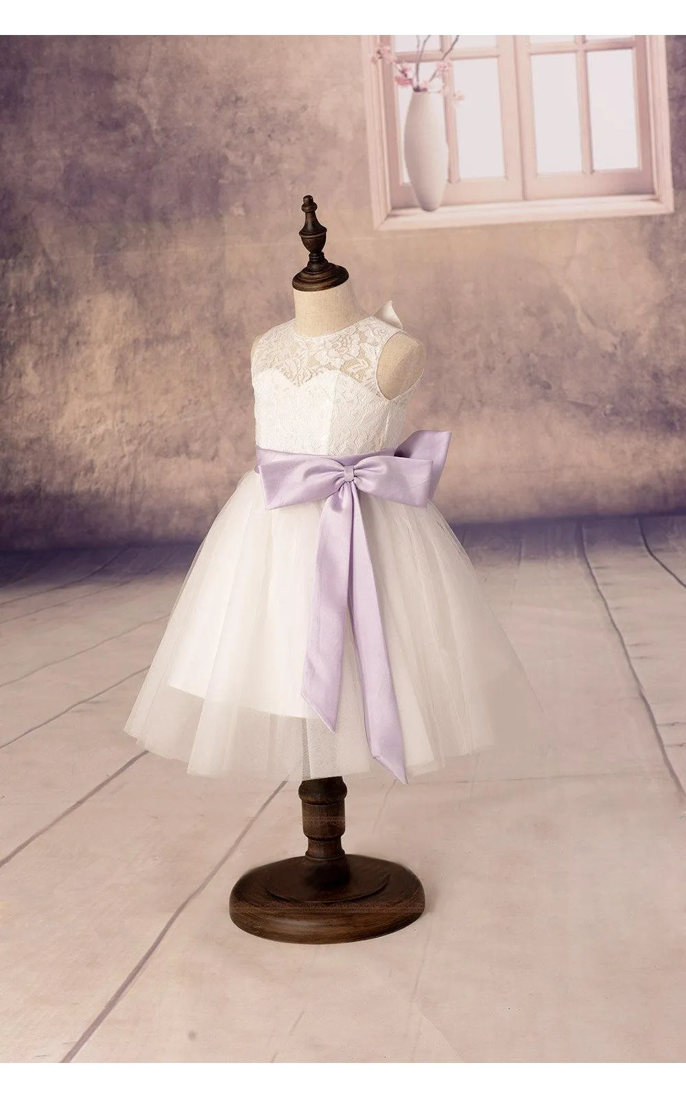 Sleeveless A-line Tulle Flower Girl Dress With Lace Top and Satin Sash-ET_401627