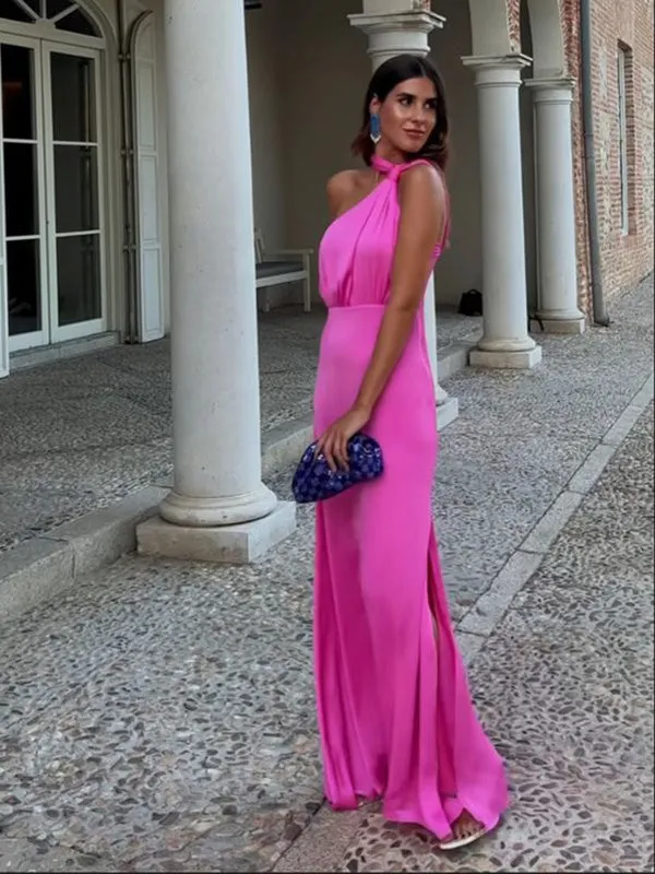 Soft One-shoulder Sleeveless Mermaid Satin Long Prom Dresses Online, OL535