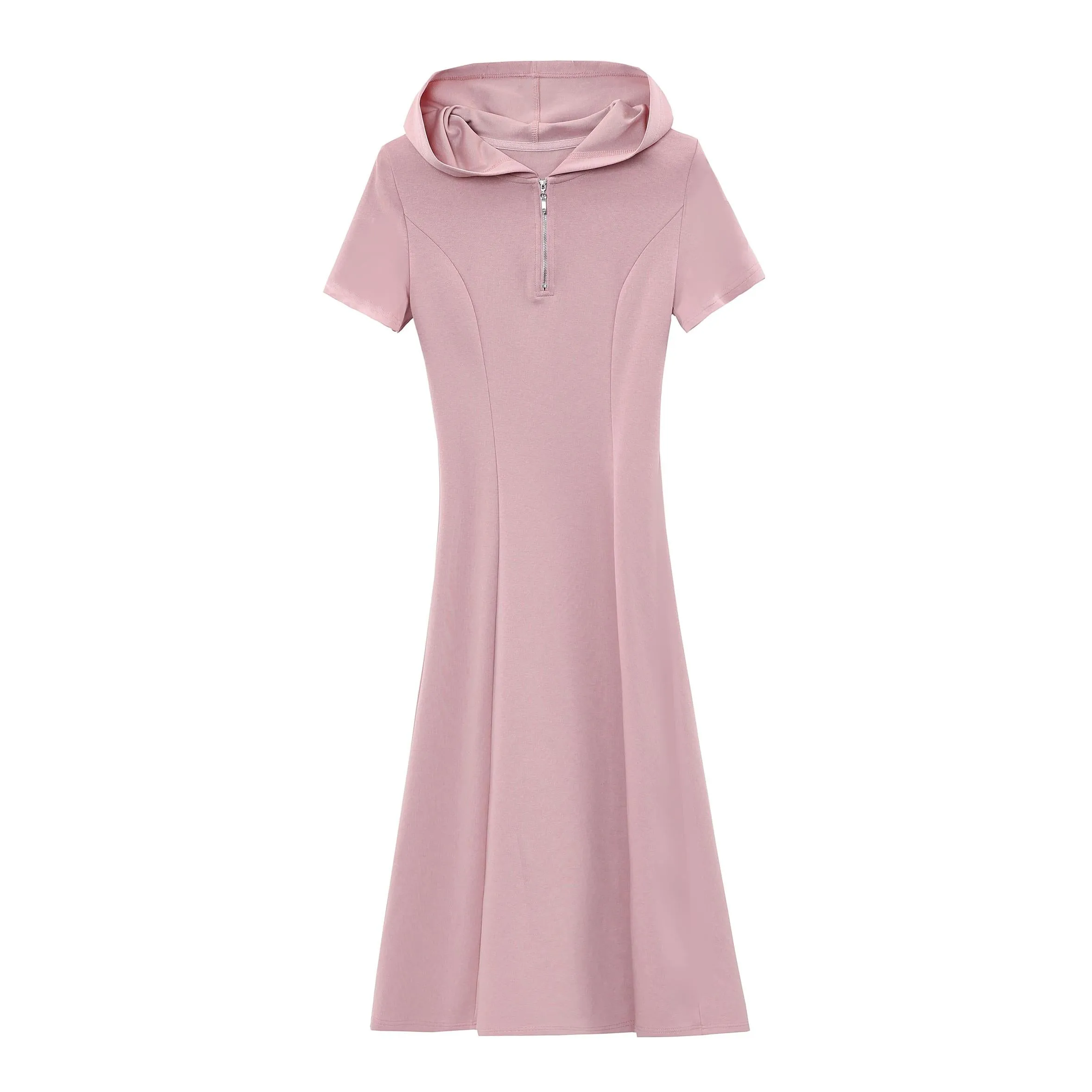 Solid Mid Pleated Dress with Hood for a Relaxed Women's Style