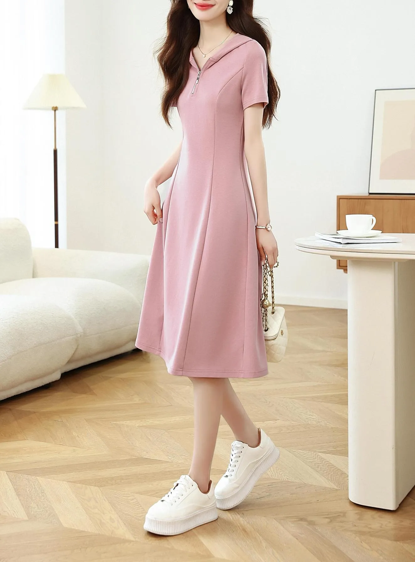 Solid Mid Pleated Dress with Hood for a Relaxed Women's Style