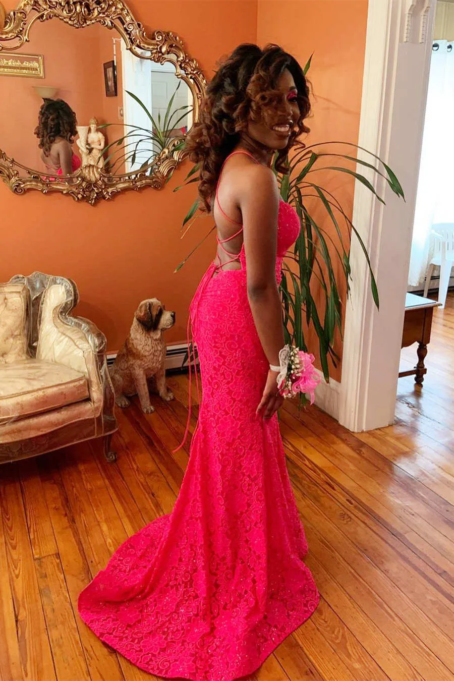 Spaghetti Straps Hot Pink Lace Mermaid Prom Dress