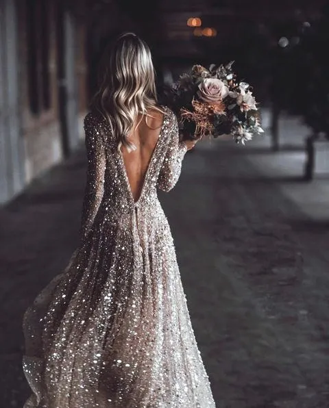 Sparkly Scoop Neck Long Sleeve Open Back Long Cheap Wedding Dresses, WDS0002